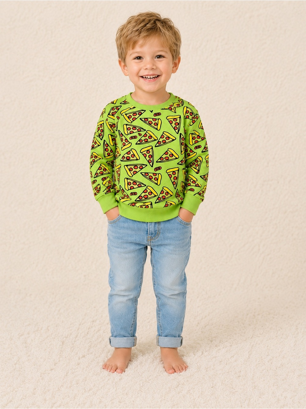 Purl Lamb Kids Pizza Print Long-Sleeve Top - Lime Green / Small shop 100% cotton